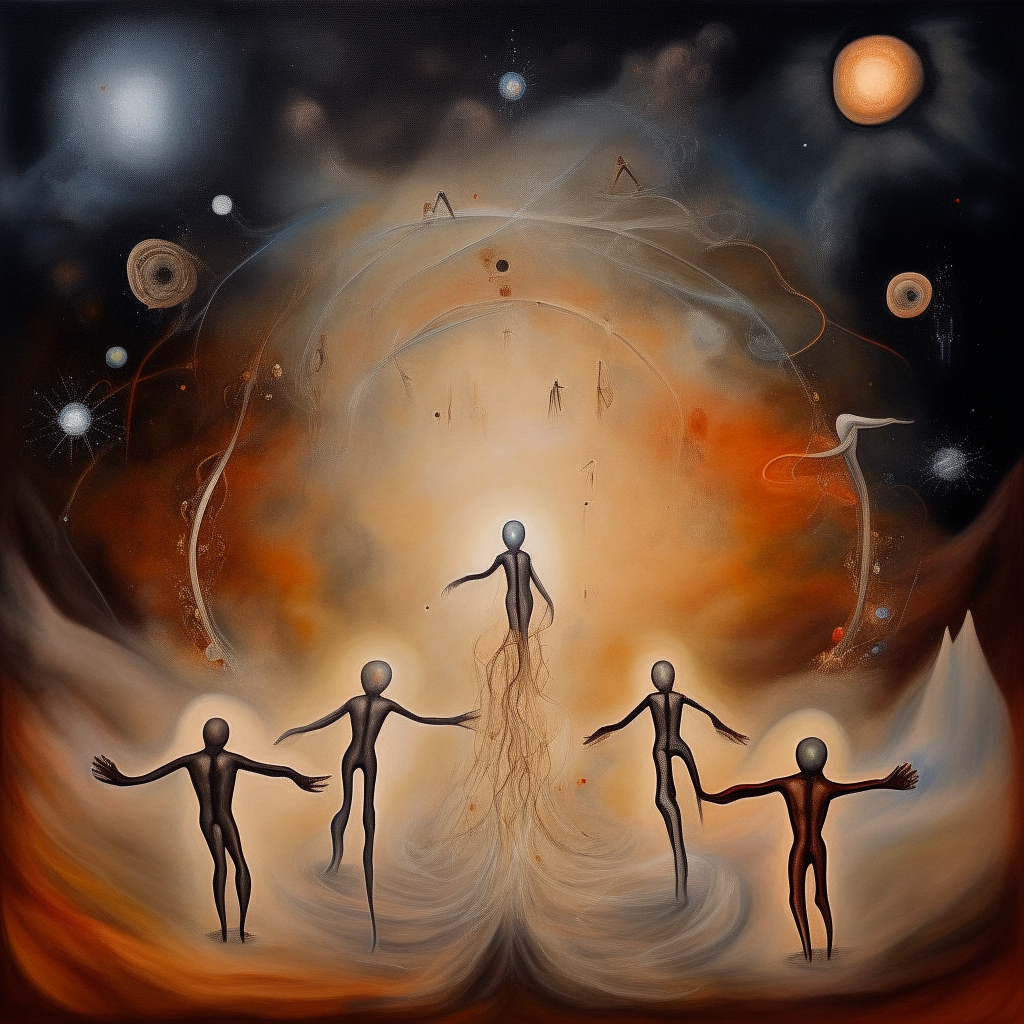 A surreal painting depicting a multiverse with strange human bodies floating through a cycle of universal nature and death, transforming into thoughts and feelings, with a sense of loneliness A minimalist graphically illustrated scene of burning human figures reaching up towards the stars, representing existential thought and the documentary nature of human existence