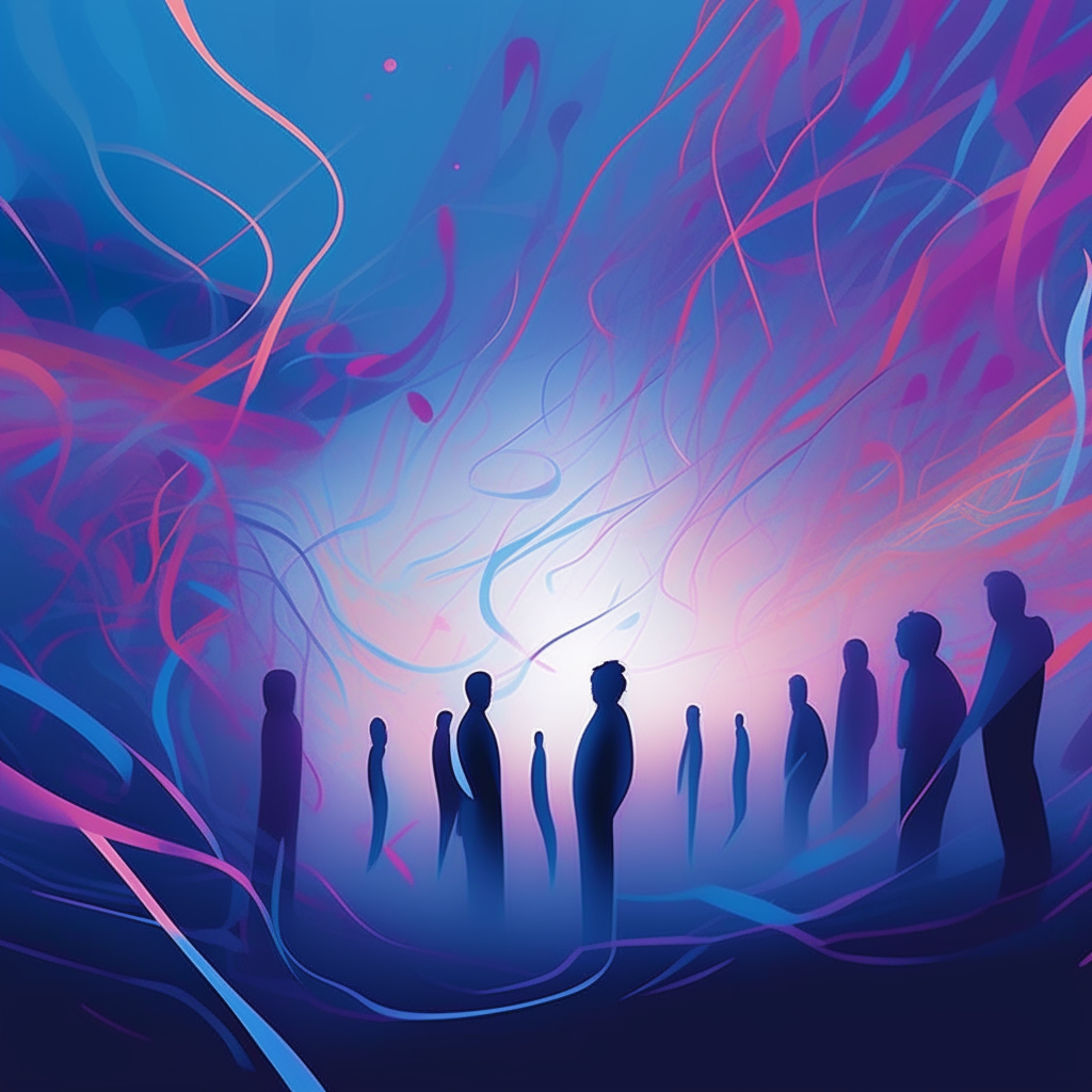 A surreal abstract painting depicting a multiverse of colorful strands connecting groups of people, representing human thoughts, feelings, connections and the absurdity of existence A minimalist vector illustration with gradients of blue, purple and pink showing figures reaching outwards, conveying loneliness and powerlessness in an endless space