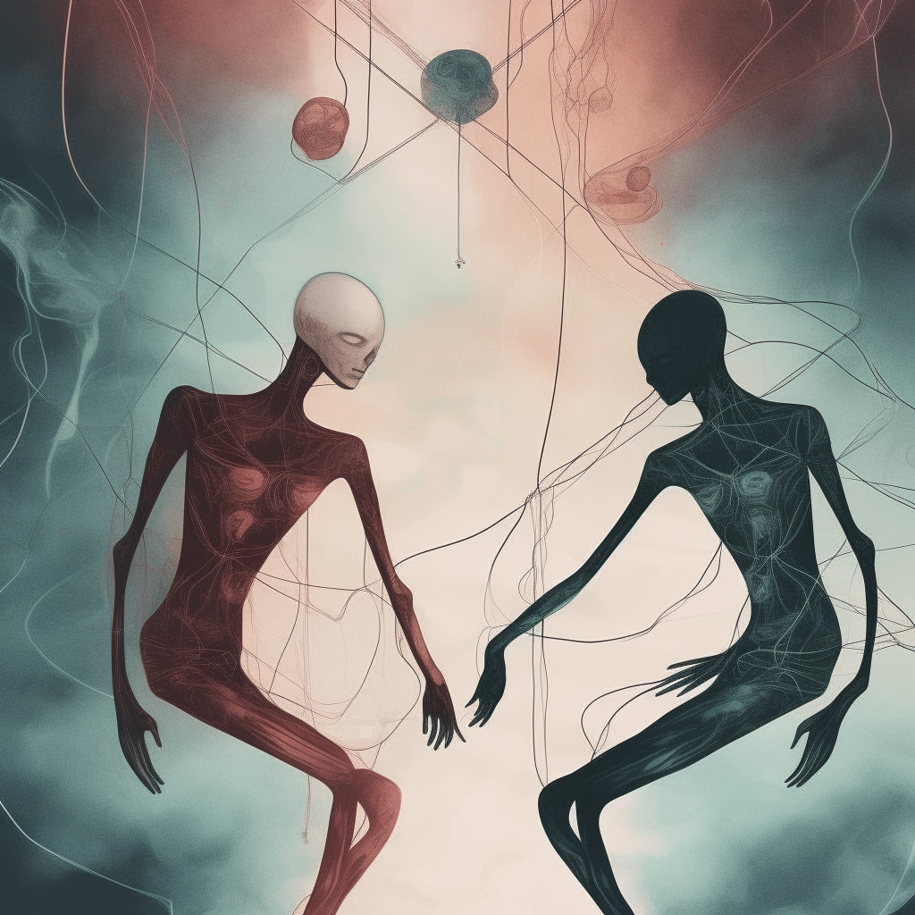A surreal painting depicting partially abstracted human bodies floating in a multiverse, with threads connecting them to represent thoughts and feelings of loneliness Minimalist vector shapes of humans overlapping with skeletal forms to symbolize existence, death and transformation into the unknown