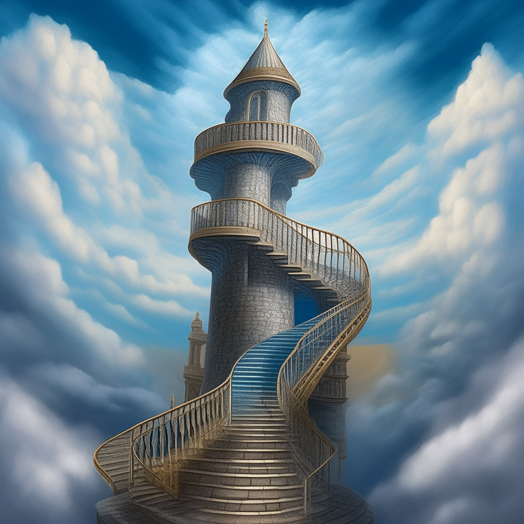 An intricately detailed painting of an ancient weathered stone spiral staircase leading up into blue clouds and sky, with a castle at the top of the clouds A surreal digital illustration of a geometric stone staircase illusion spiraling up into blue clouds, leading to a castle atop the clouds