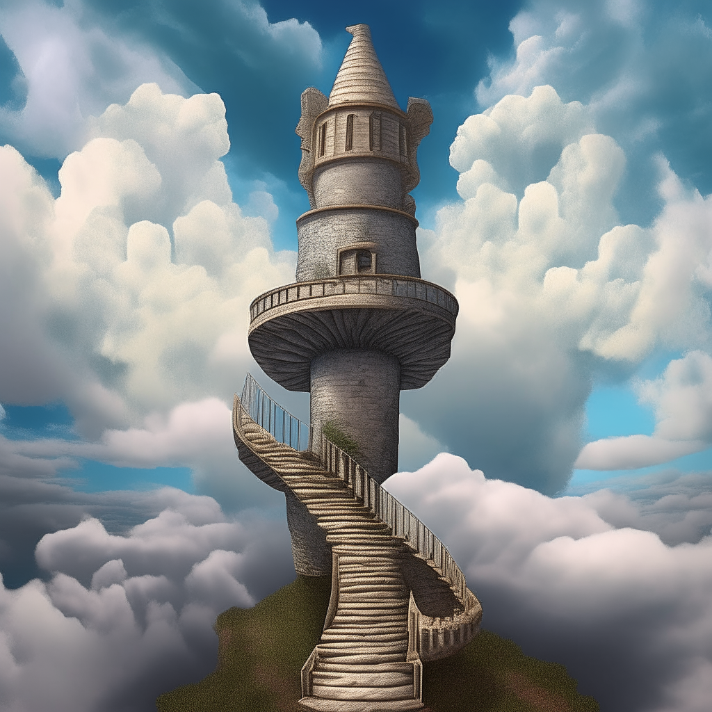 A surreal digital painting depicting an ancient weathered stone spiral staircase leading up into a blue sky with clouds, with a detailed castle floating at the top of the clouds A geometric vector illustration of a stone staircase illusion spiraling up into soft clouds in intricate detail, leading to a castle structure atop the clouds in an artistic style