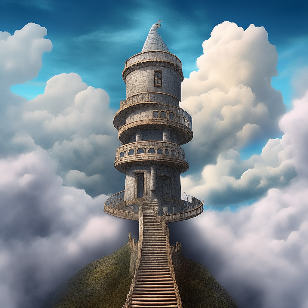 A surreal digital painting of an ancient weathered stone spiral staircase leading up into a blue sky with clouds, with an intricately detailed castle floating at the top of the clouds A geometric vector illustration of a stone staircase illusion spiraling up into soft clouds, leading to a detailed castle structure atop the clouds in an artistic style