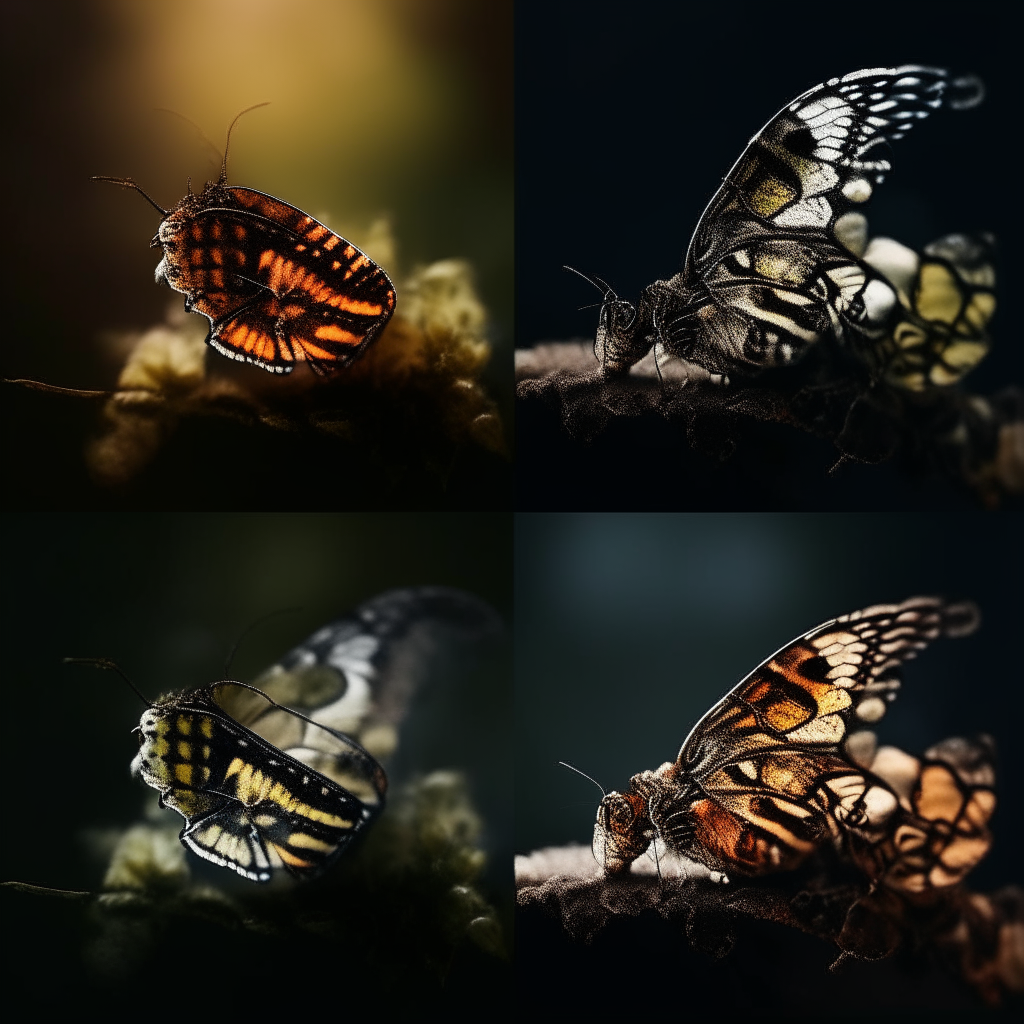 A series of 4 vertical images showing a caterpillar transforming into a butterfly, with intricate detail and cinematic lighting