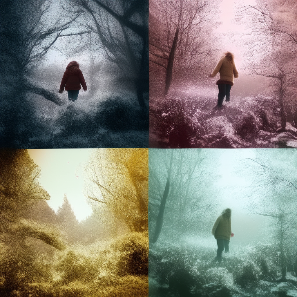 A series of 4 vertical images showing a person transforming from a winter scene into a spring scene, with intricate nature details and cinematic lighting in each phase
