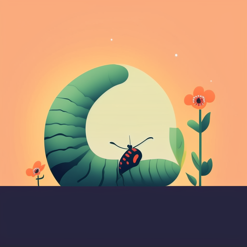 A minimalist vector illustration with gradient background, showing a caterpillar, chrysalis, butterfly and flower to represent transformation