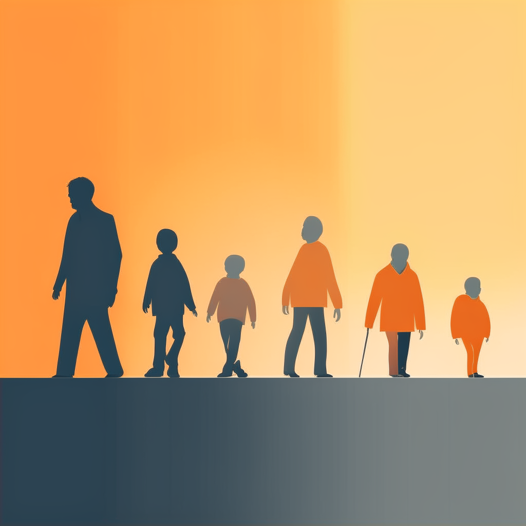 A minimalist vector drawing with soft gradient background, showing a person walking through stages of life from childhood to old age