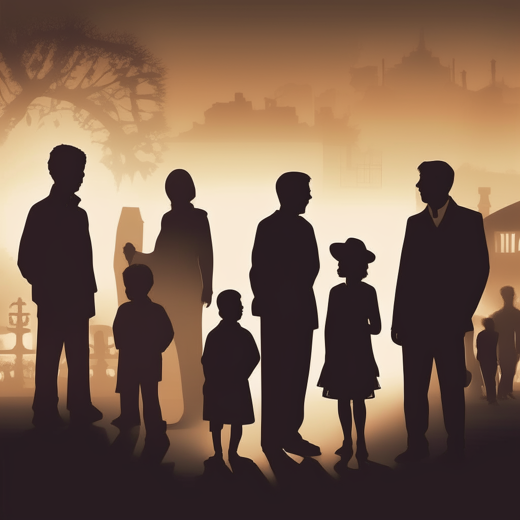 A vector drawing with soft lighting, showing silhouettes of people through different eras to represent generations living in changing times