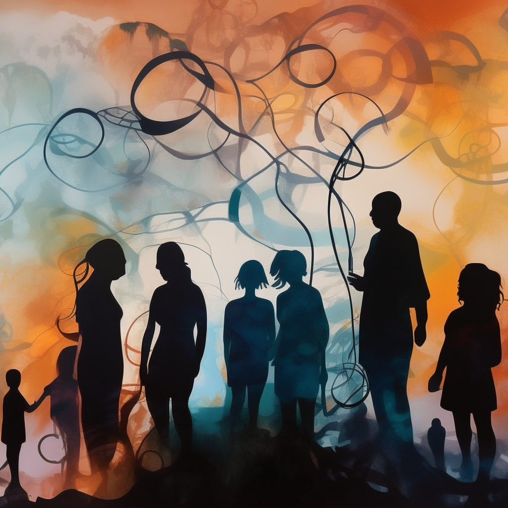 A surreal abstract painting showing silhouettes of people transforming over generations, with connections between them representing human thoughts and feelings