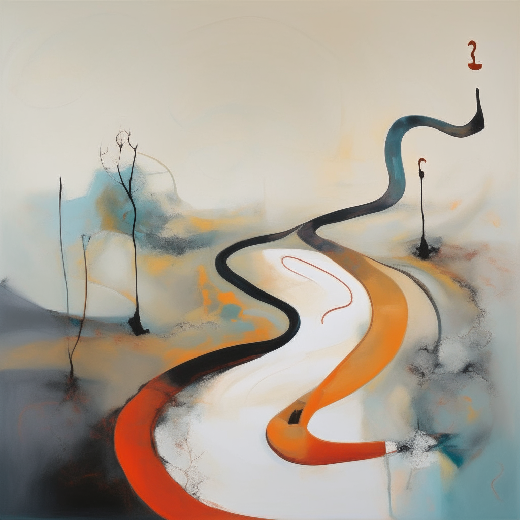A minimalist abstract painting with a winding path from bottom to top representing the journey of life, with symbolic figures transforming along the way