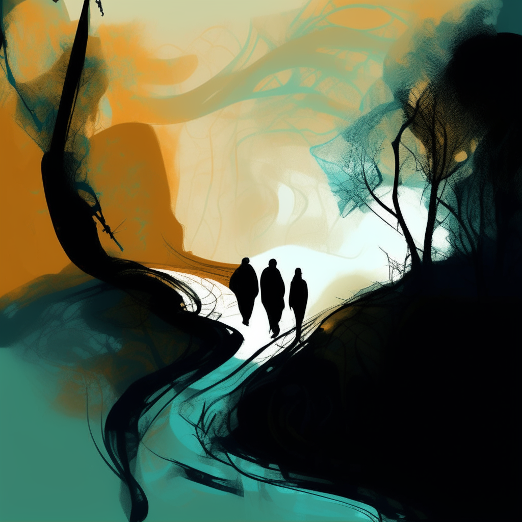 A abstract digital painting depicting silhouettes walking along a winding path, with some resisting change