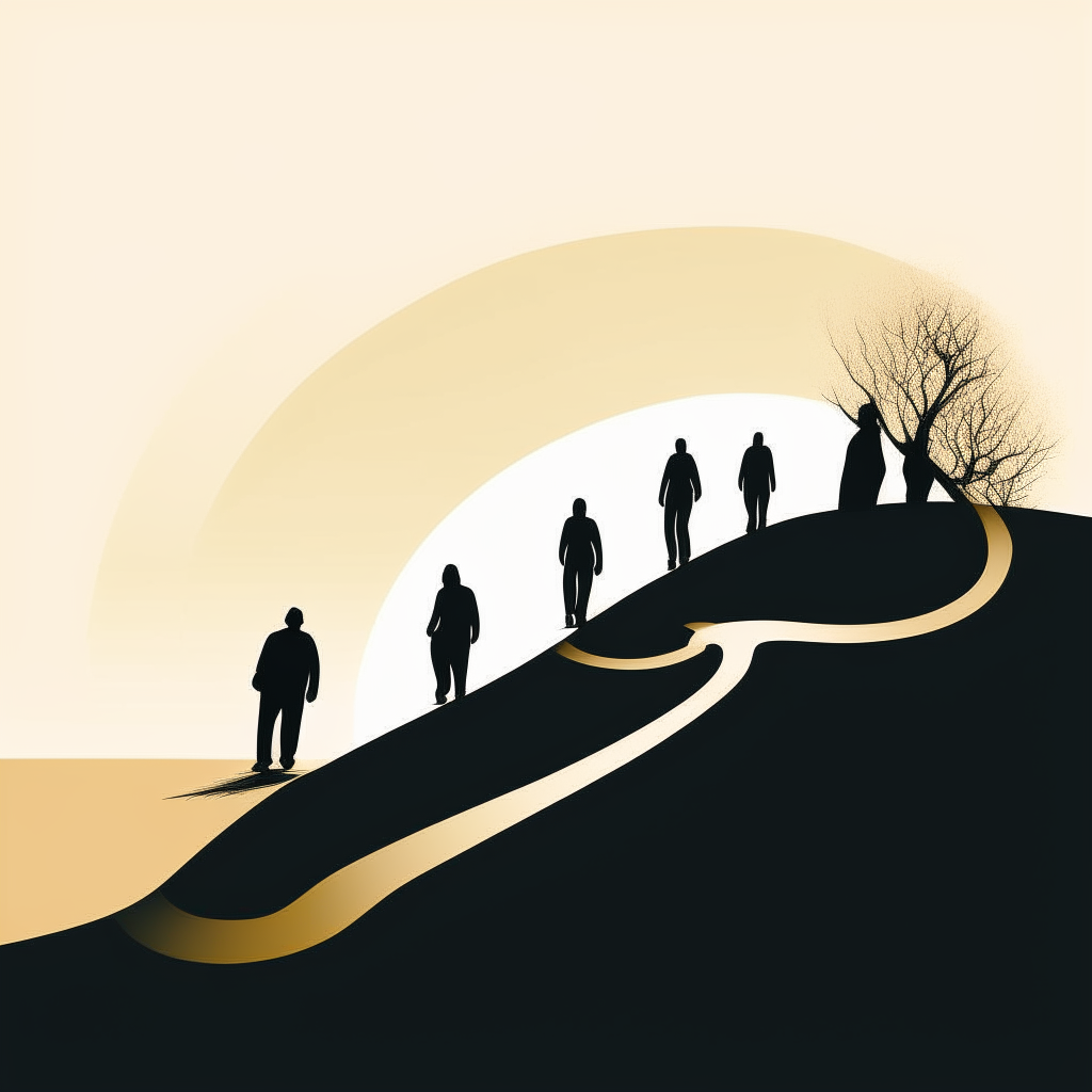 A minimalist vector drawing depicting silhouettes walking a winding path, with some resisting moving forward in time