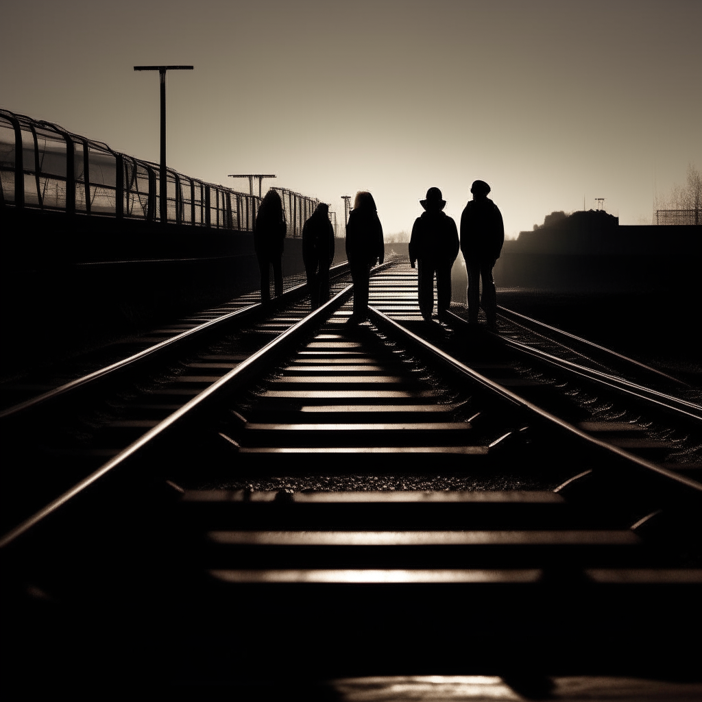 A minimalist photo composition of silhouettes walking along railroad tracks, some resisting moving forward, with dramatic lighting