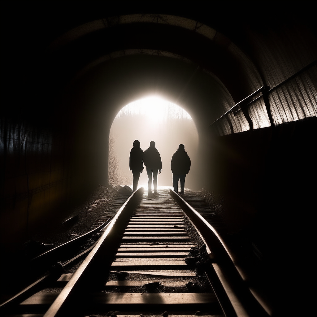 Silhouettes walking railroad tracks into a tunnel, some resisting moving forward, dramatic side lighting