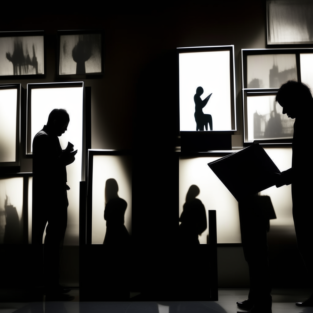 A minimalist photo of silhouettes looking at frames and photo albums, some resisting letting go, with dramatic side lighting