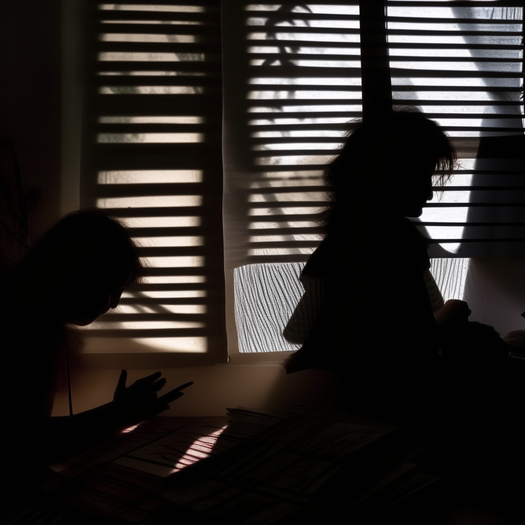 Silhouettes looking at photo album, one resisting letting go, soft side lighting filters through blinds