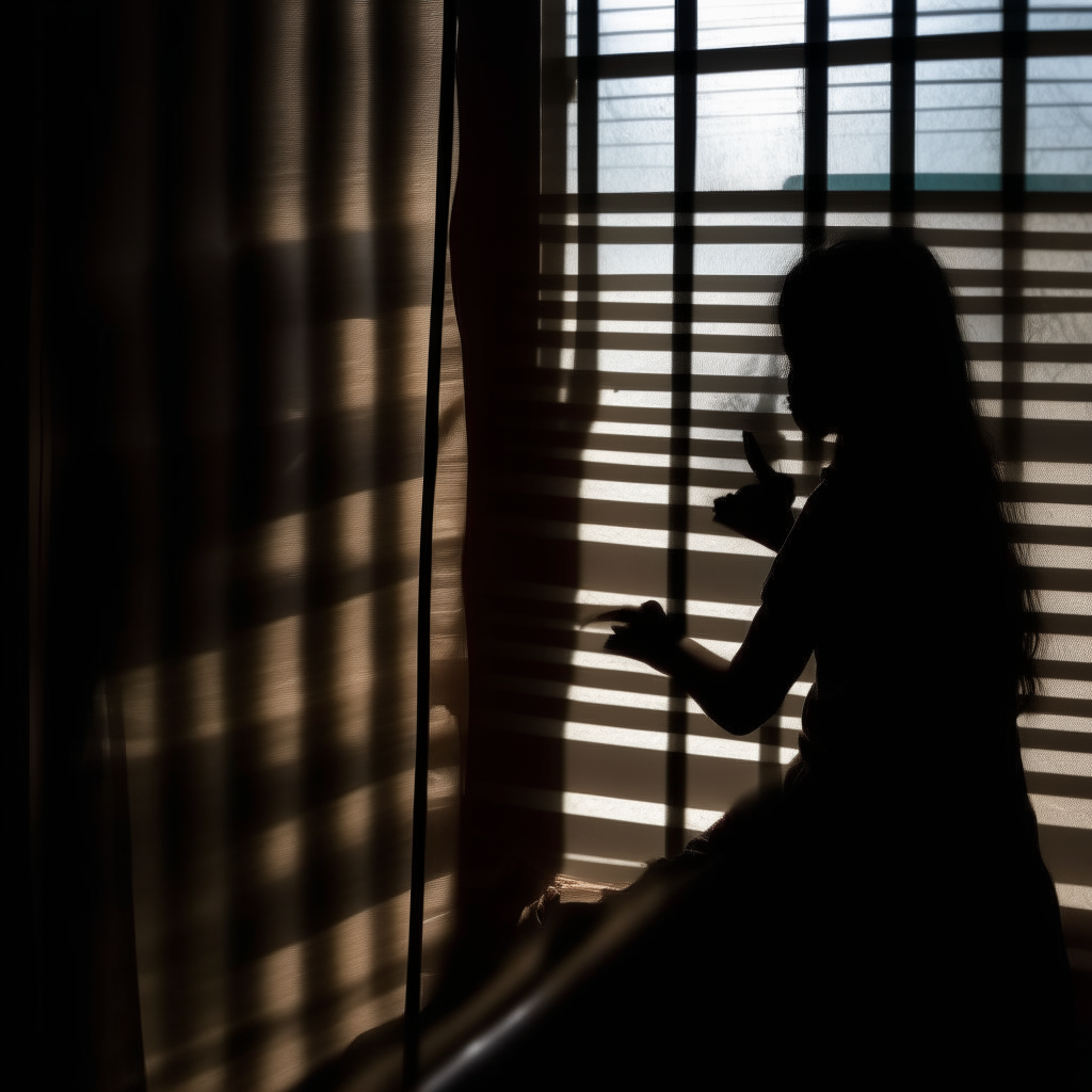 Silhouettes looking through photo album, one figure resisting letting go, soft side lighting shines through window blinds onto the scene