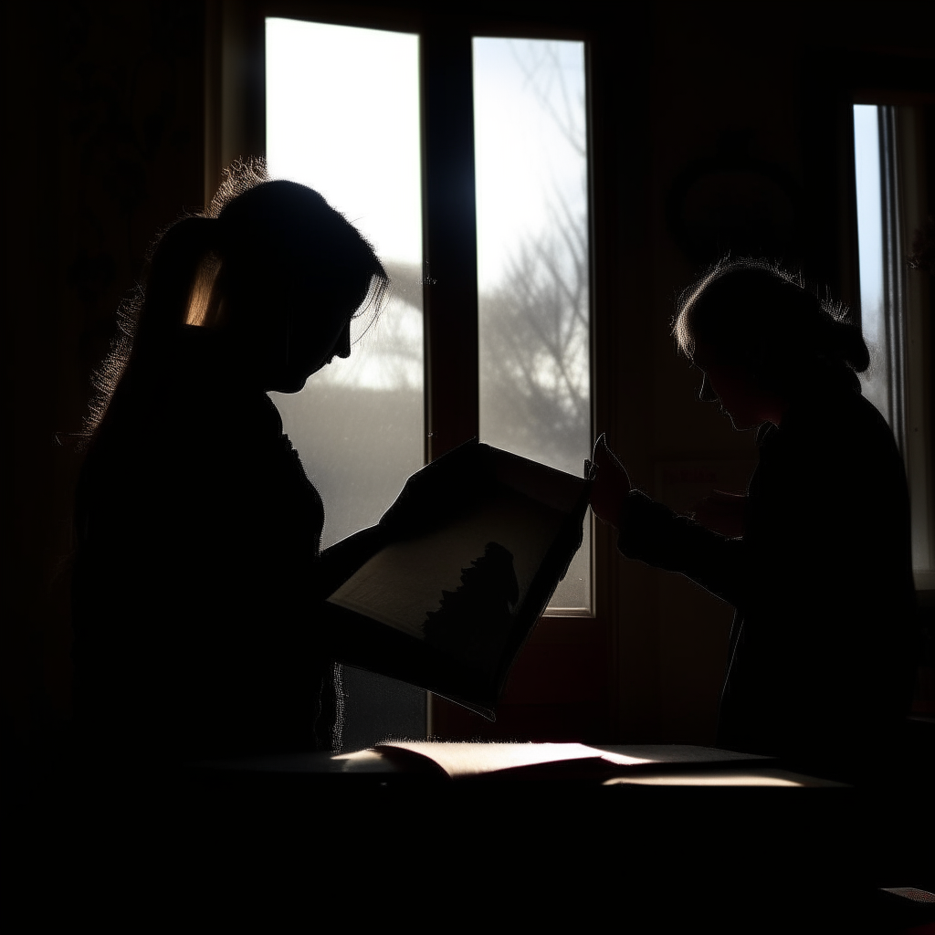 Silhouettes looking through a photo album, one figure reluctant to let go, soft side lighting from a window