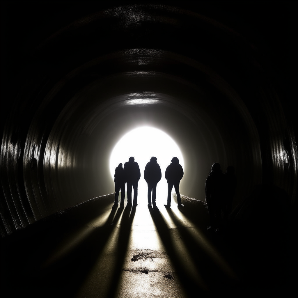 Silhouettes looking into light at the end of a tunnel, representing the transformation of resistance into hope