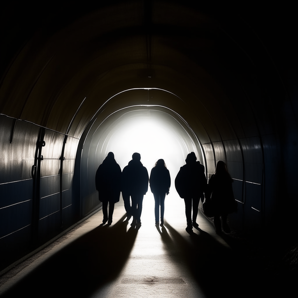 Silhouettes walking into a bright light at the end of a train tunnel, representing the transformation of reluctance into hope