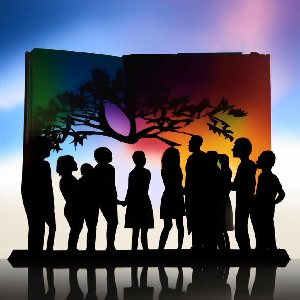 Silhouettes looking together at a colorful photo album, representing reconciliation