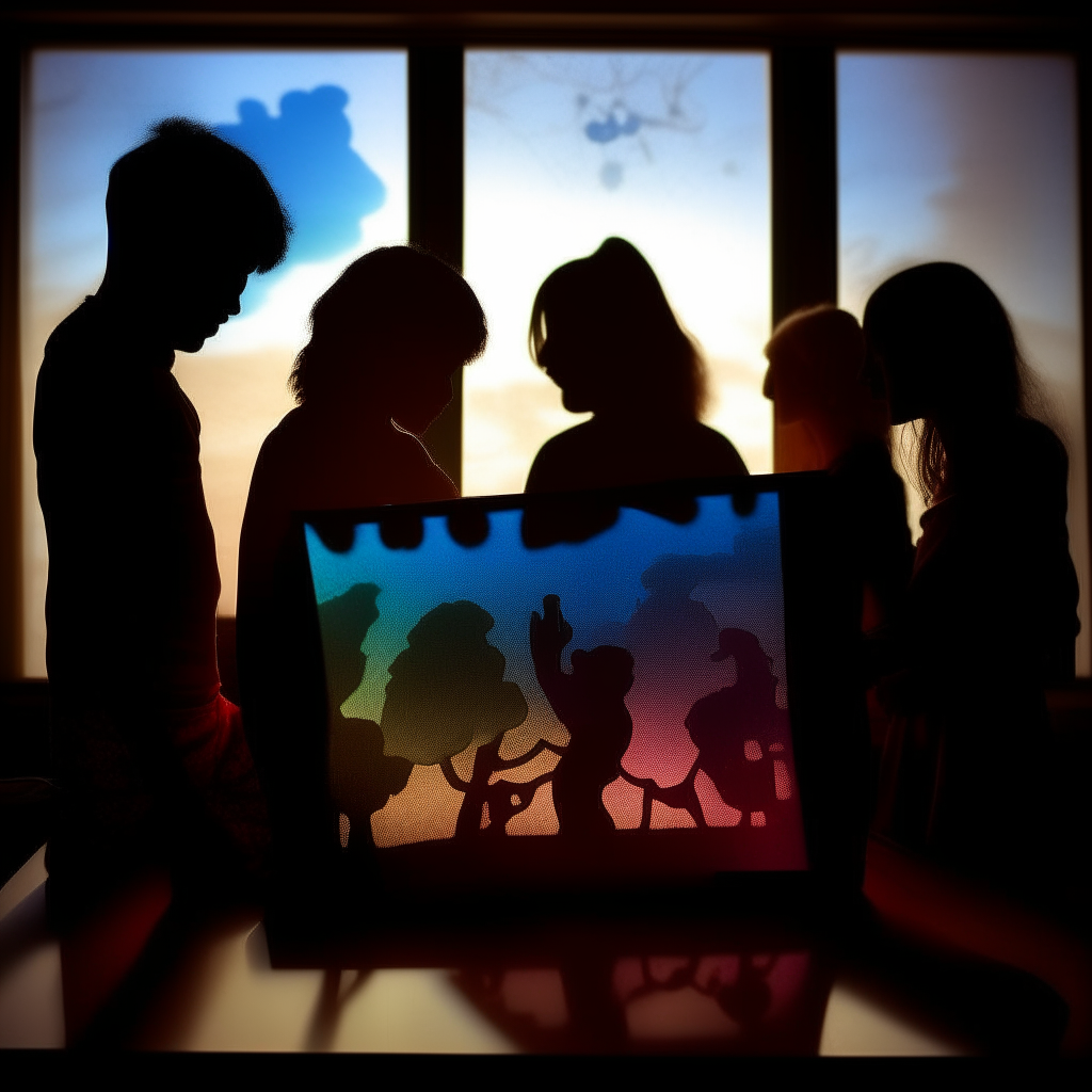 Silhouettes looking together at a colorful photo album, soft lighting shines through a window