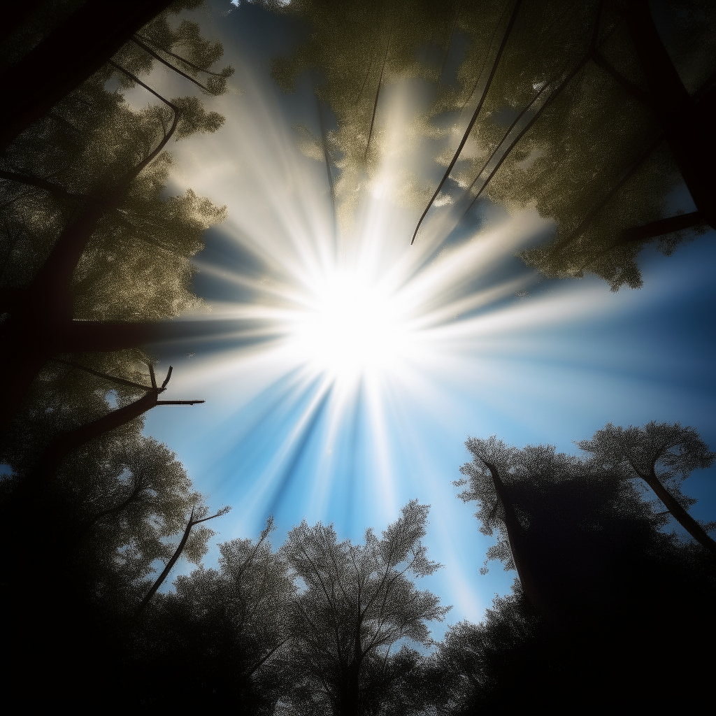 Silhouette looking up at sky through trees, rays of light shining down representing hope, reconciliation and divinity
