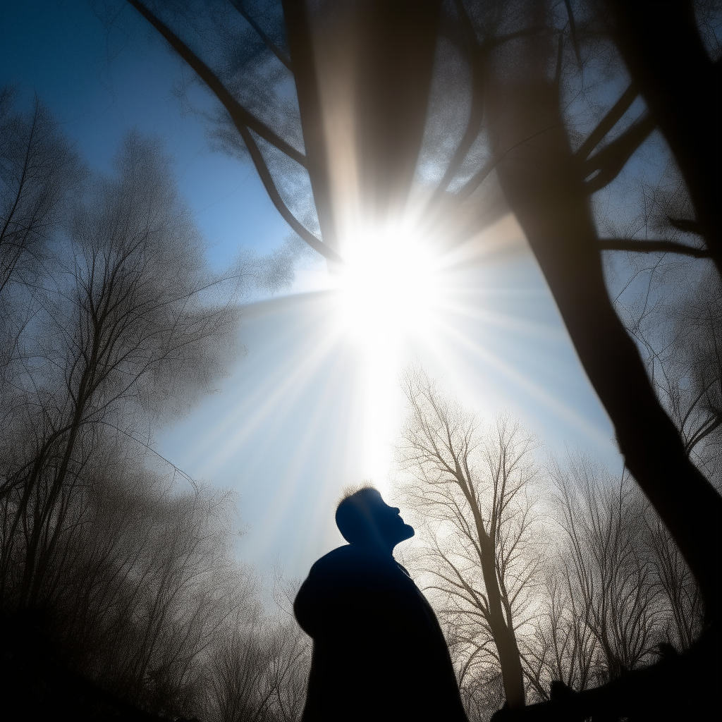 Silhouette gazing at the sky through trees, rays of light representing hope and reconciliation