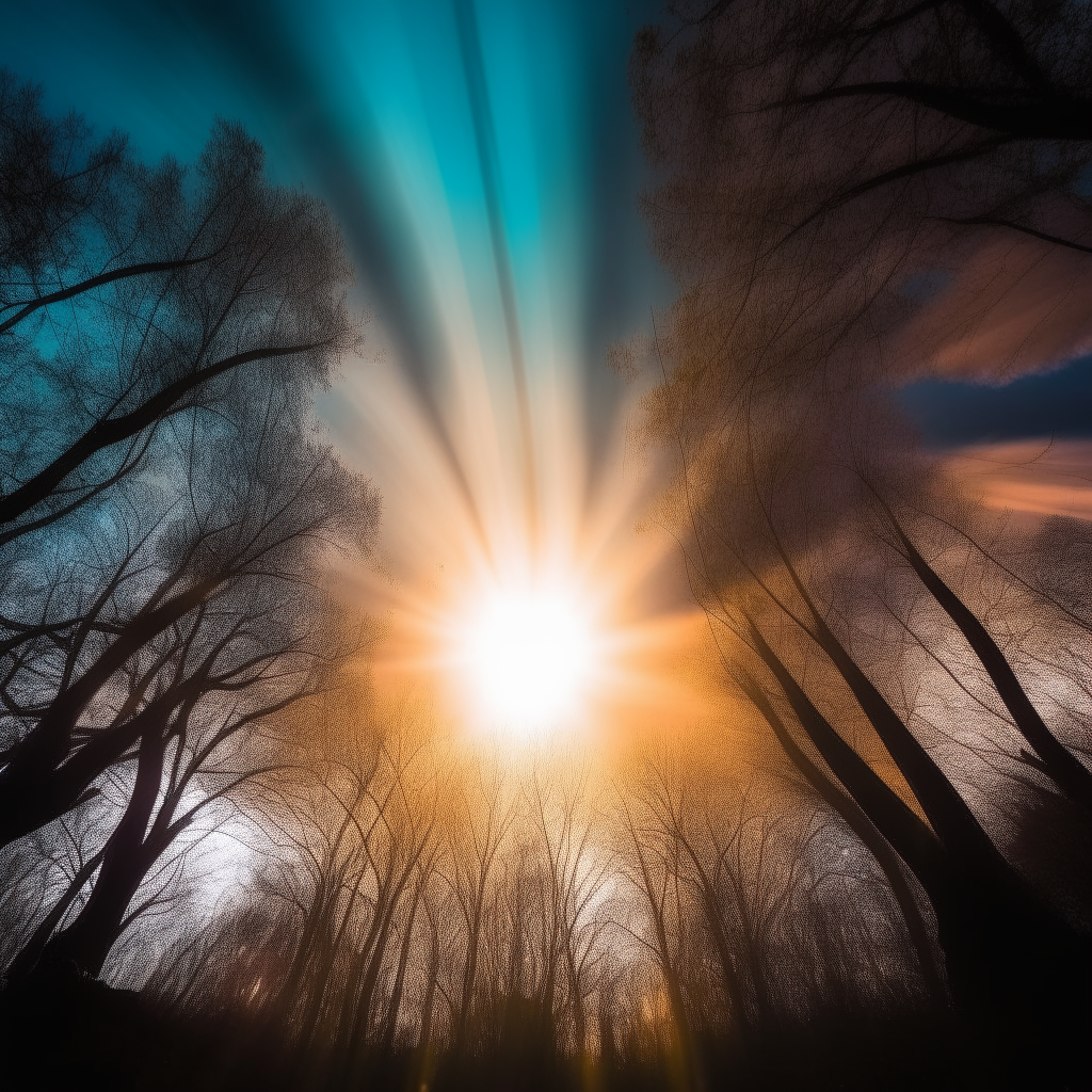 Silhouette looking up at vibrant sky through trees, light rays representing hope and healing