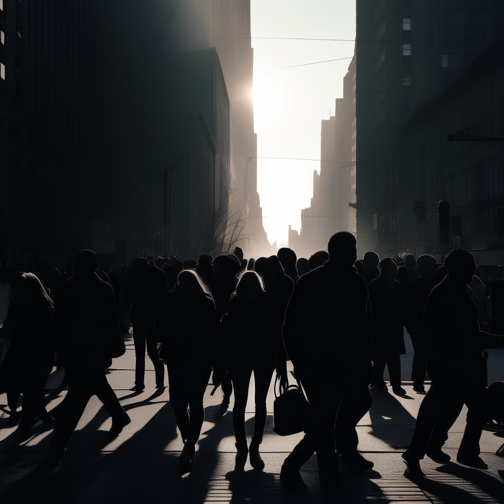 Silhouettes of people rushing down a city street, looking stressed and distracted