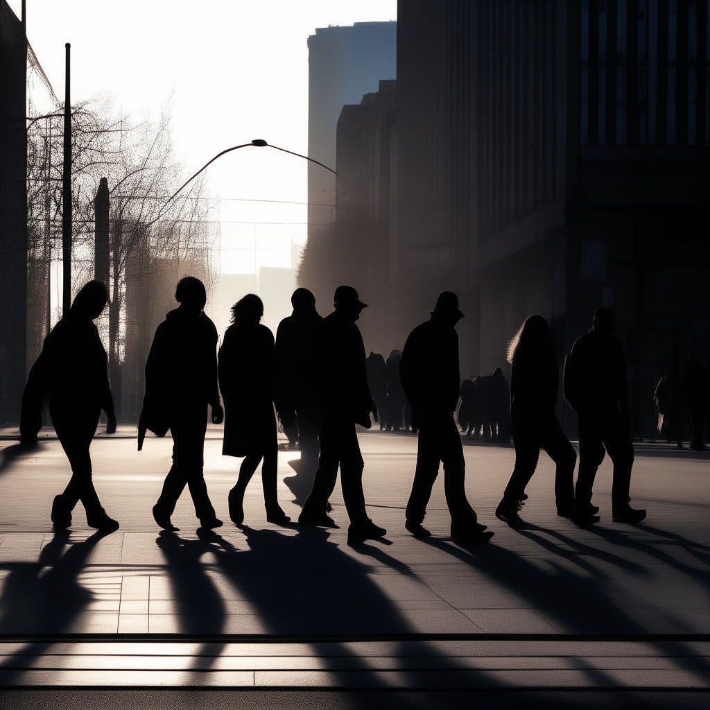 Silhouettes walking fast down an urban street, looking stressed