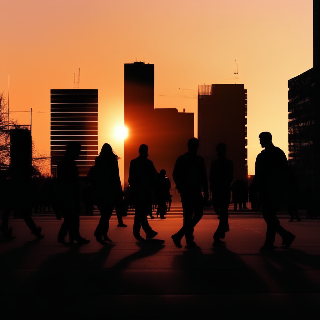 Silhouettes walking fast in a city at sunset, looking stressed and searching