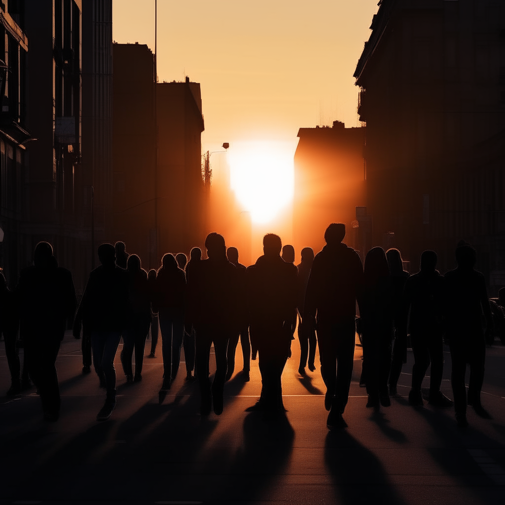 Silhouettes of many people walking fast down a city street at sunset, looking stressed and searching for purpose