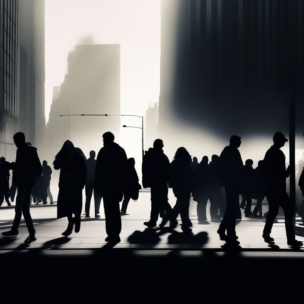 Silhouettes of many people walking fast in a city, looking stressed and searching for purpose
