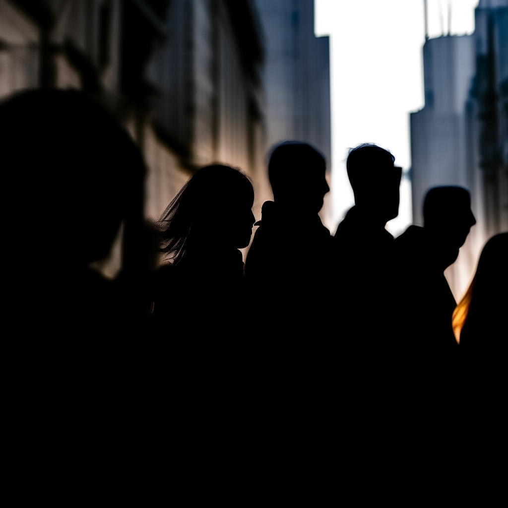 Extreme close-up of silhouettes with worried expressions rushing down a city street