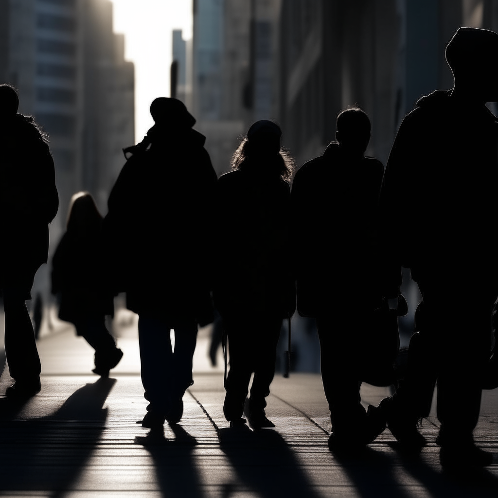 Extreme close-up of silhouettes with worried expressions walking briskly down a bustling city street