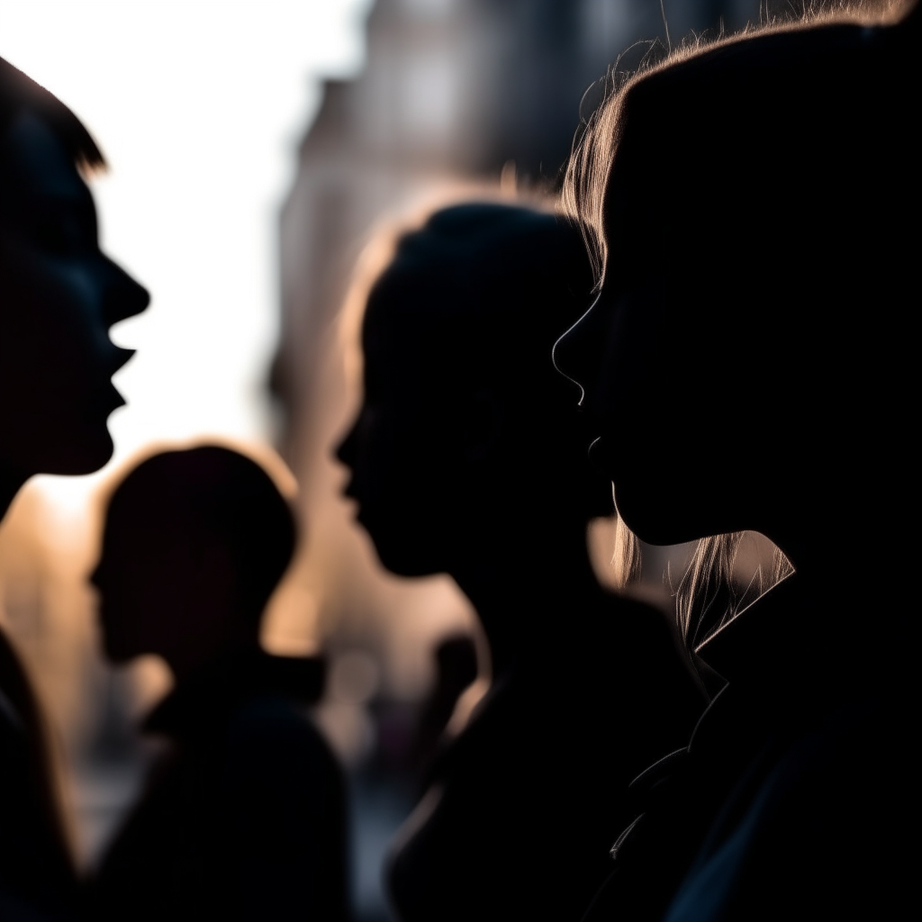 Extreme close-up of silhouettes with searching expressions, illuminated by soft light shining on their faces as they stand on a city street