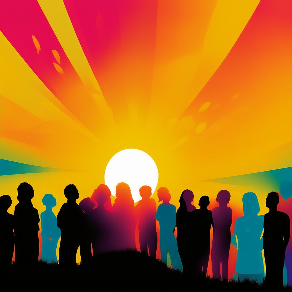 A crowd of colorful silhouettes gaze up at a vibrant sun, rays of light illuminating their hopeful faces