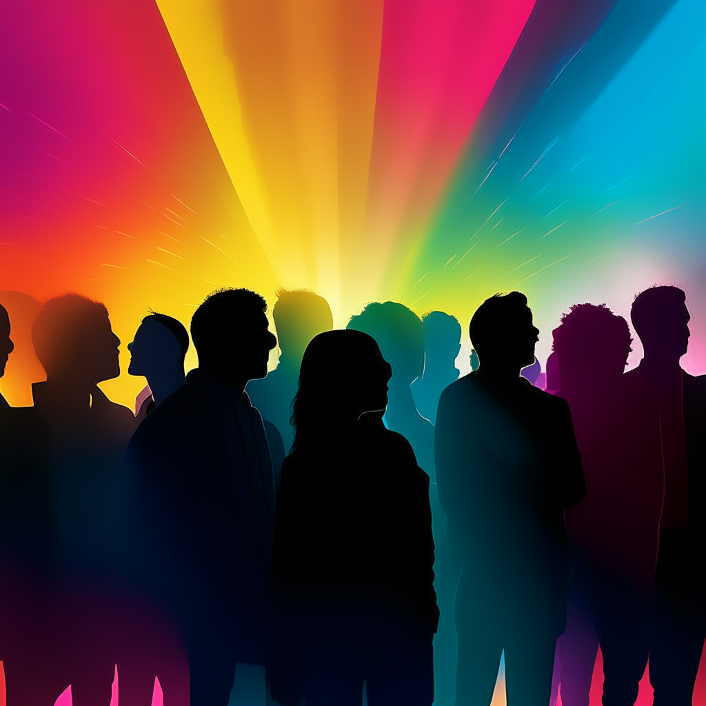 A crowd of colorful silhouettes with heads tilted back, gazing at rays of light coming from the sky as if in conversation with a higher power