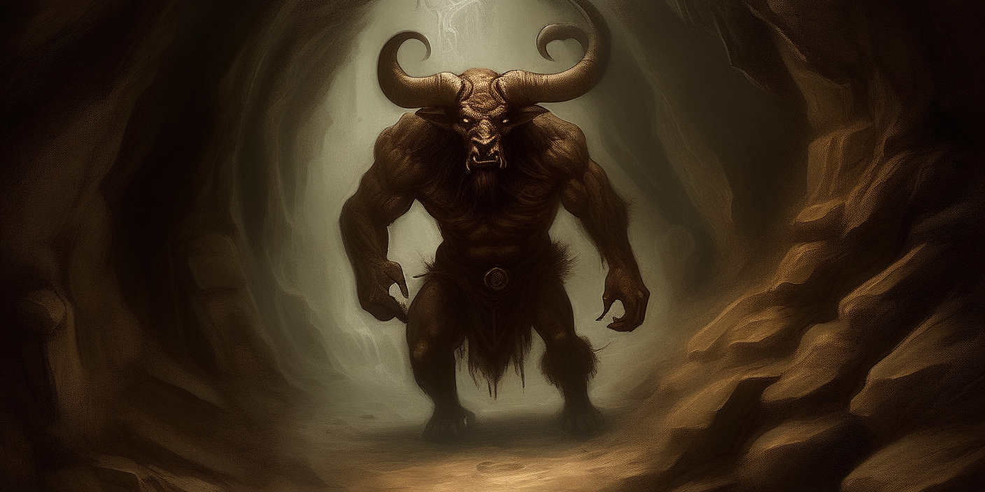 "Generate a striking visual scene of the Minotaur, a fearsome creature, dripping with menacing drool as it glares fiercely at the viewer from within the labyrinthine depths of the island of Crete. Envision the ominous atmosphere as shadows envelop the twisted corridors of the labyrinth, echoing with the creature's thunderous footsteps. Picture the Minotaur's monstrous form, half-man, half-bull, as it guards its dark domain with ferocious determination. Convey the sense of danger and foreboding that permeates the air, as the viewer navigates the treacherous maze in search of escape. Craft an image that captures the terrifying power and primal terror of the Minotaur, inviting viewers to confront their deepest fears within the labyrinth's unforgiving confines."