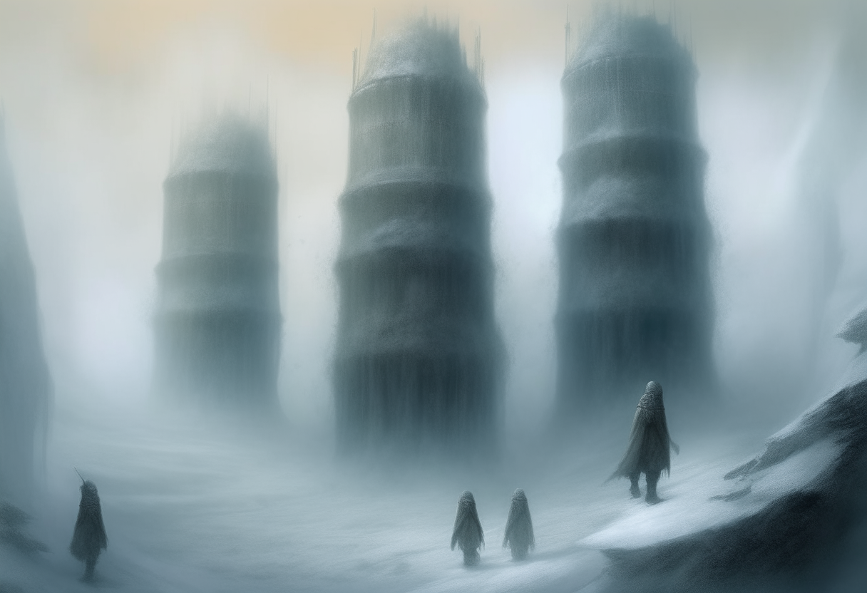 Three medieval tower in dante's divine comedy turn into giants as one slowly gets closer through the fog, higly detailed, impressive scene. the giants are  half sunk into the ice