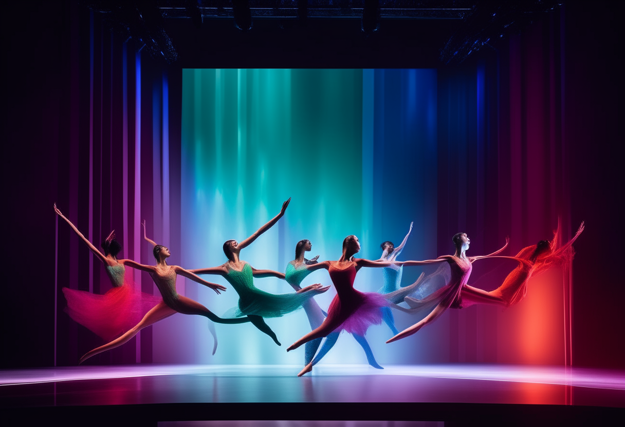 a visually stunning poster promoting an exhilarating contemporary dance performance, with elegant dancers frozen mid-leap wearing colorful costumes, in front of a minimalist stage set with creative lighting