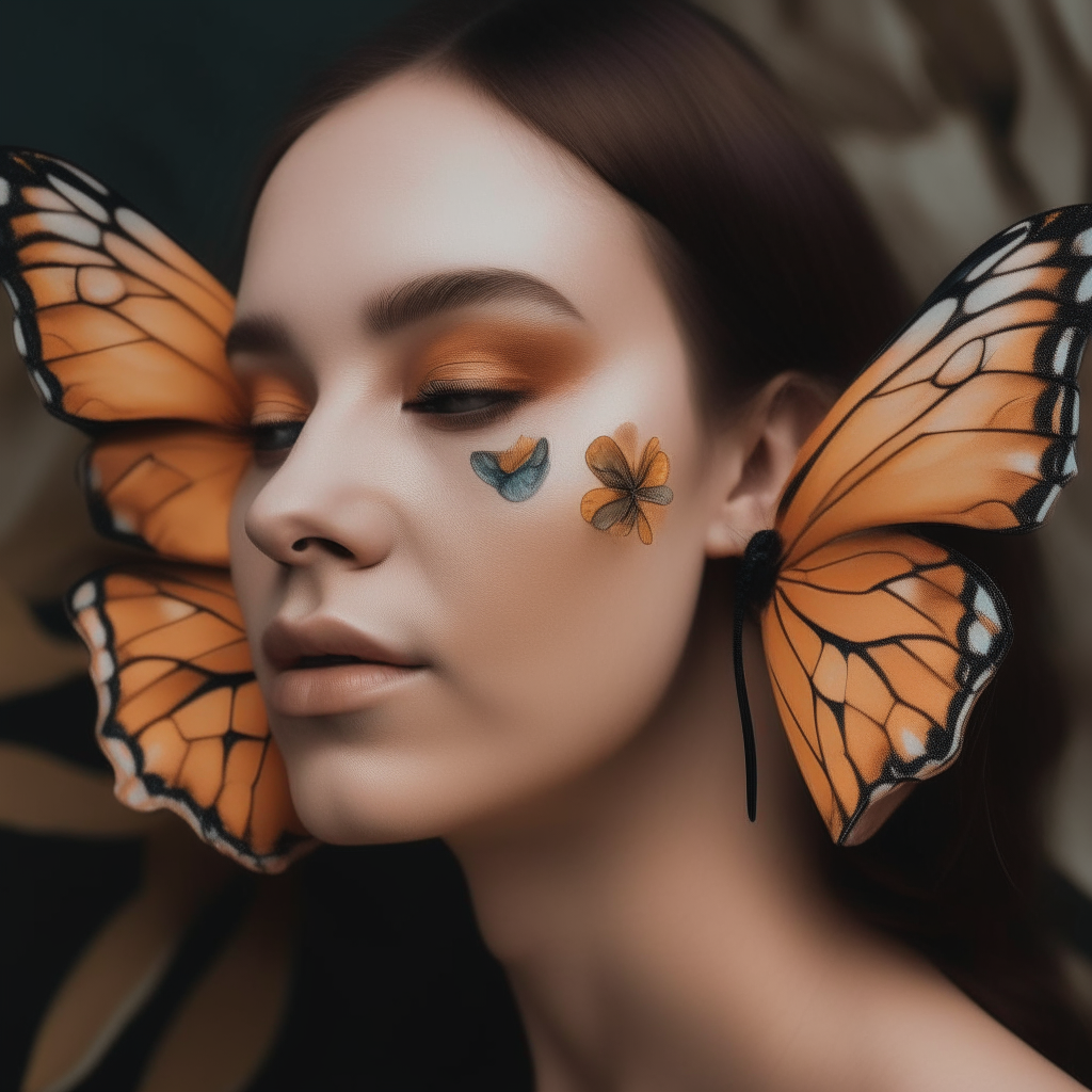 a woman with butterfly wings on her cheeks