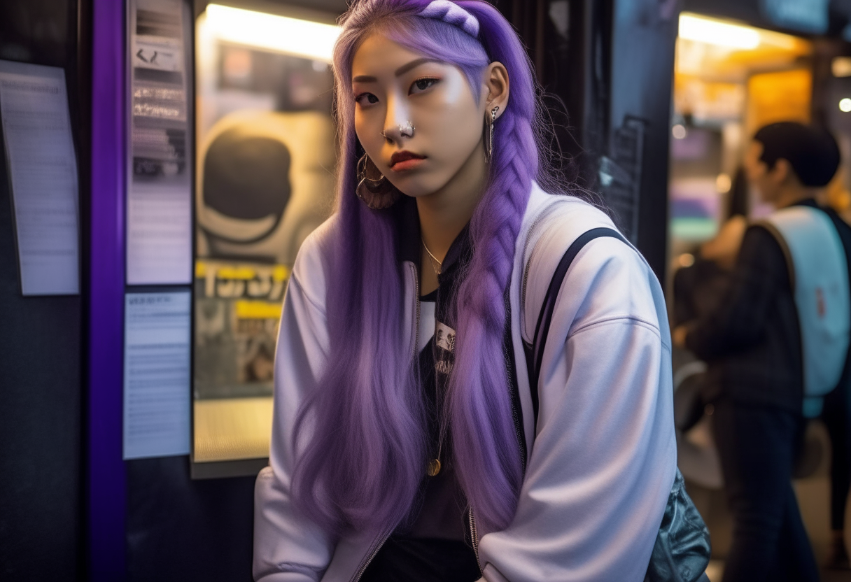 A female college student dressed in hip-hop attire, a female college student waiting in front of the entrance to a club in Hongdae, Korea. The woman has long pigtails and long legs that resemble a very cute college student style. Her hair color is ash-white-purple.