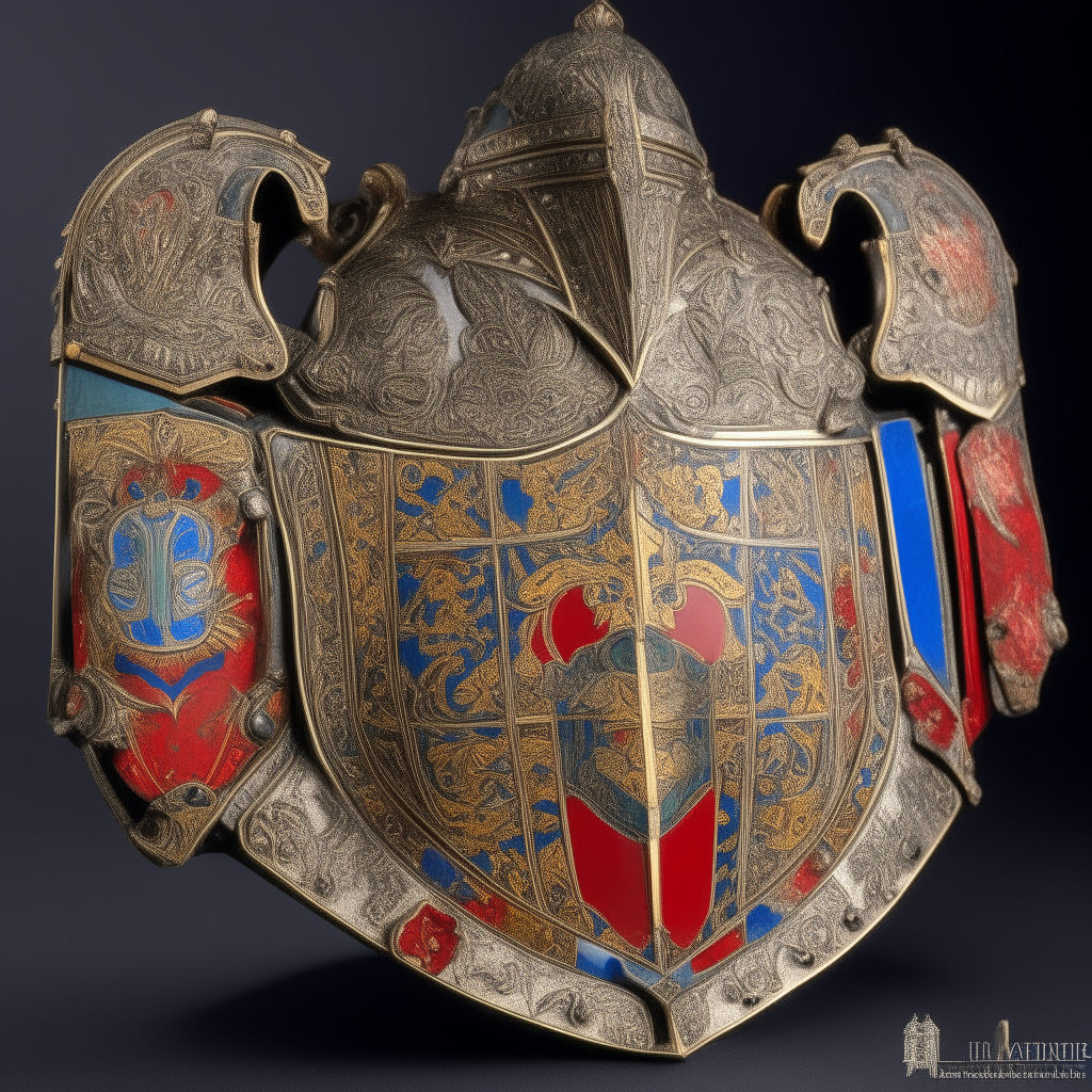 Un grand bouclier de chevalier médiéval en métal avec des motifs colorés complexes