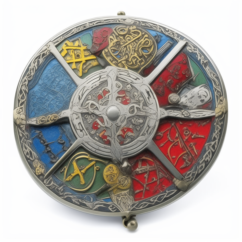 Un grand bouclier rond en métal de chevalier viking avec des motifs nordiques colorés complexes