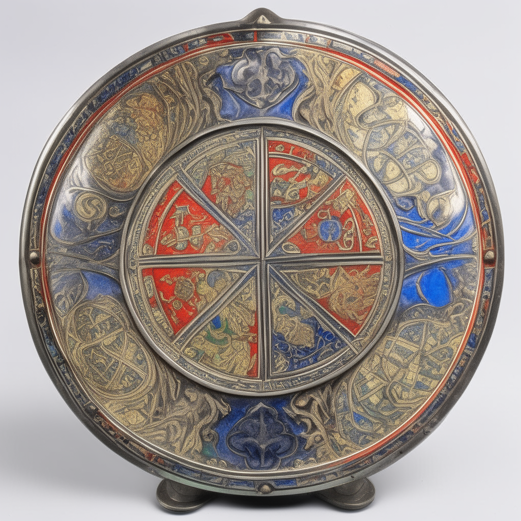 Un grand bouclier rond médiéval en métal de chevalier avec des motifs colorés complexes