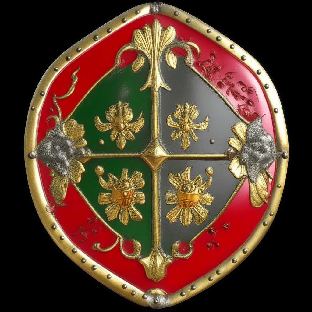 Un bouclier rouge et vert avec des fleurons dorés