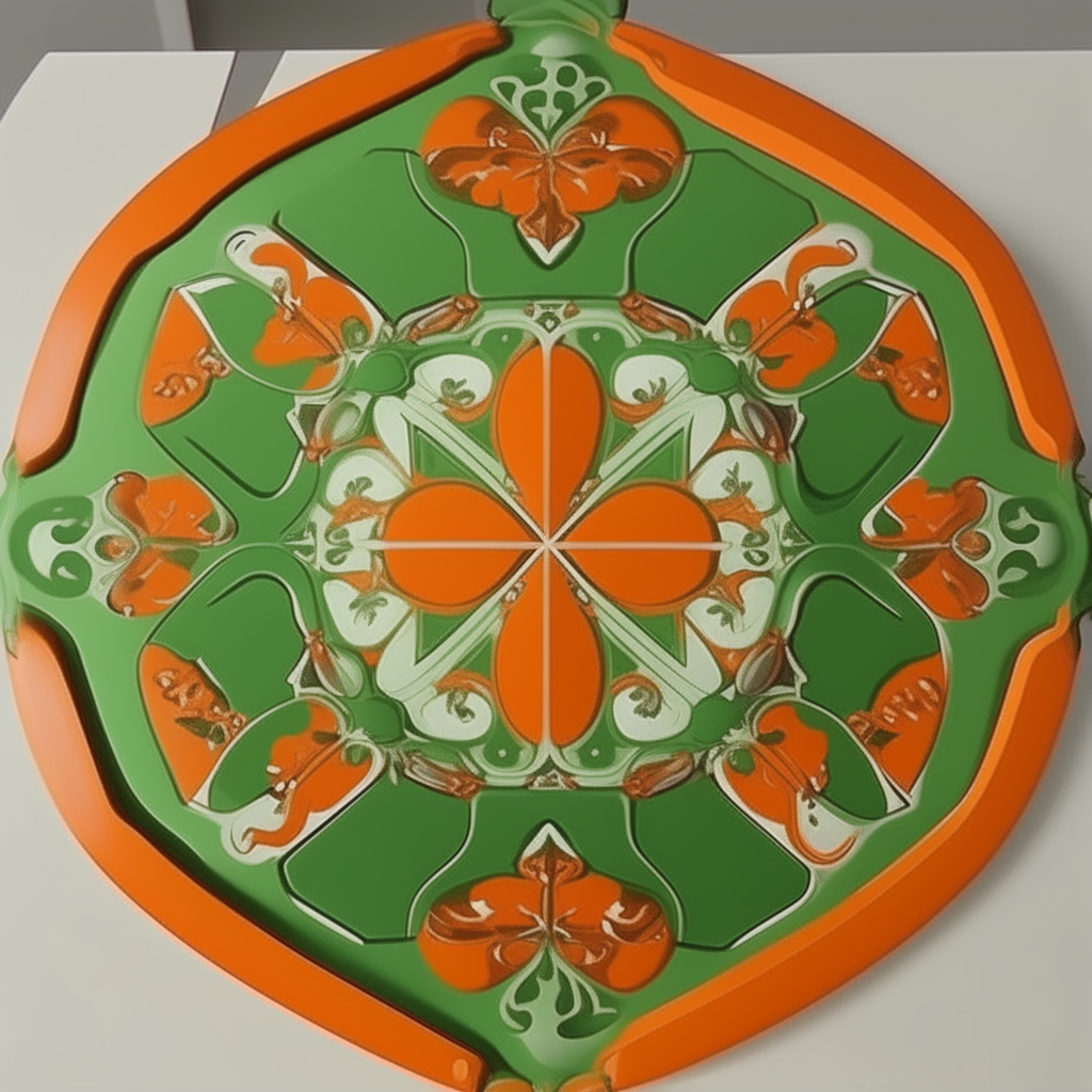 Un large bouclier médiéval vert et orange avec des motifs complexes