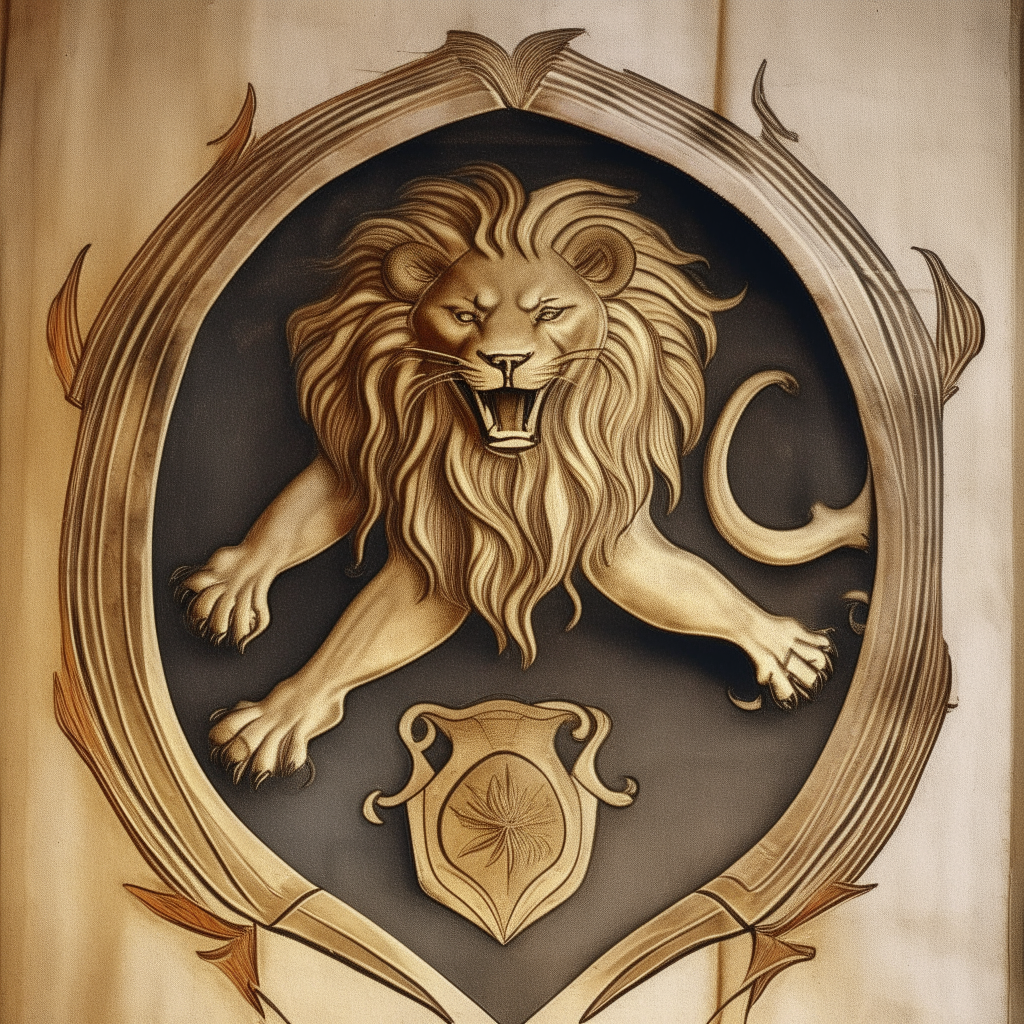 Un bouclier médiéval avec un lion rugissant et des flammes, symbole du courage