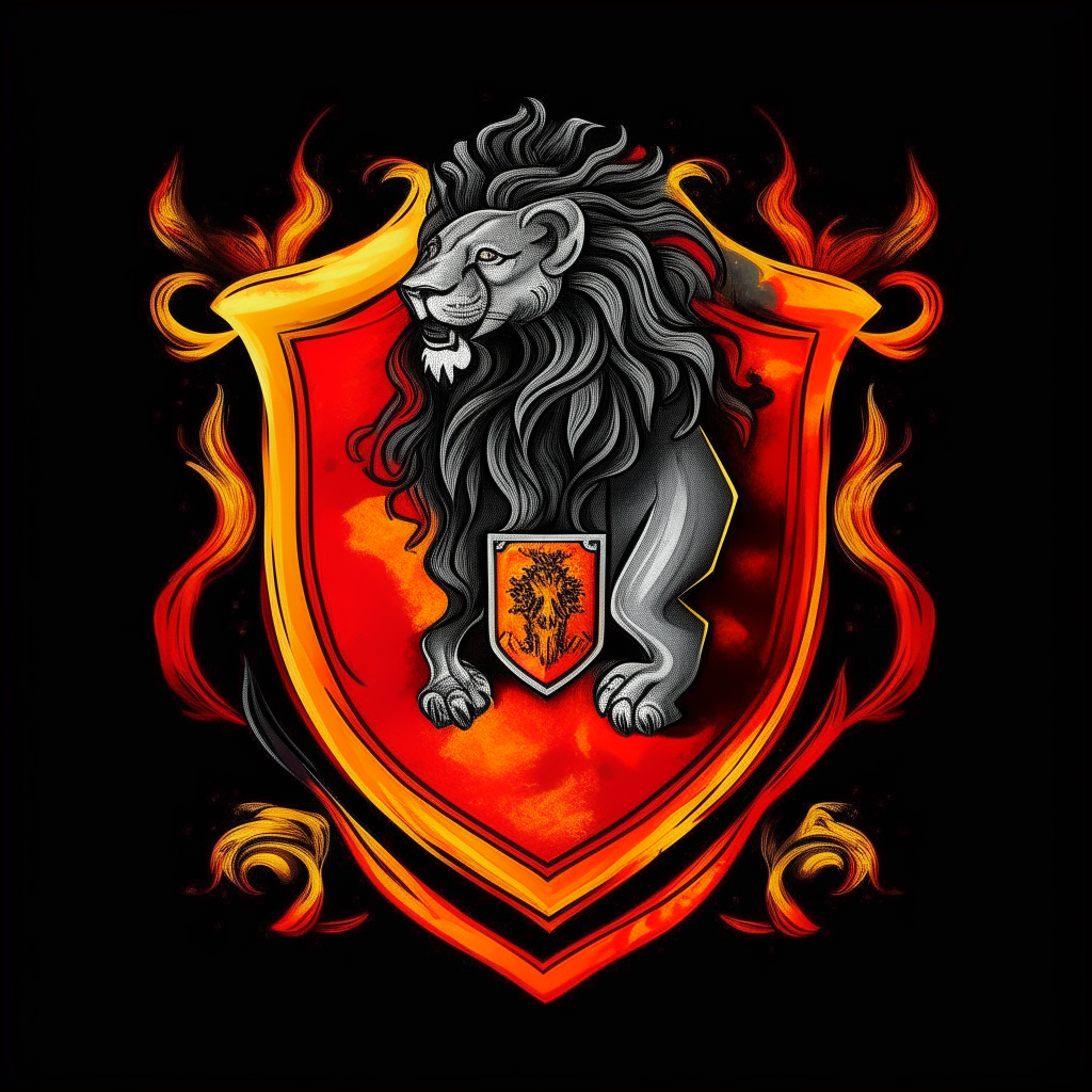 Un bouclier médiéval avec un lion rugissant rouge et jaune sur fond noir, entouré de flammes oranges, symbole du courage